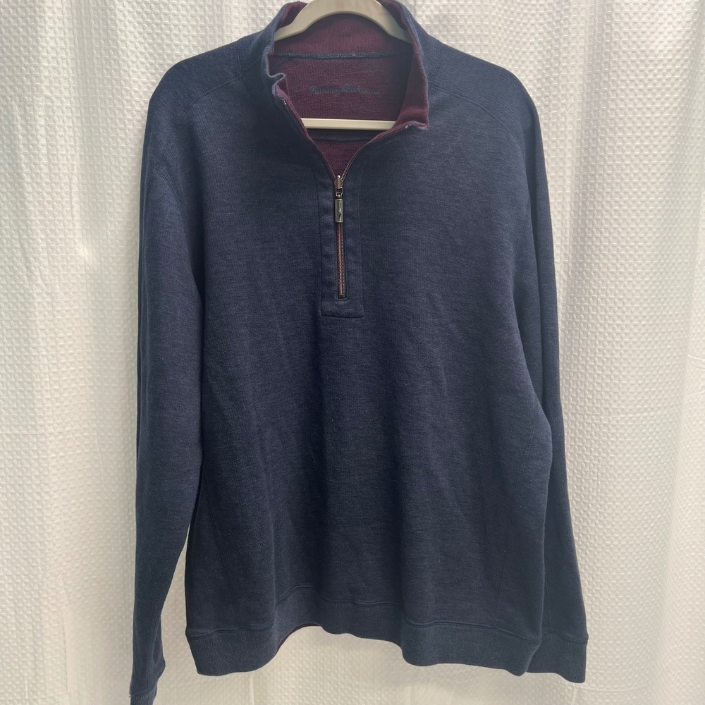 Tommy Bahama Mens Reversible Quarter Zip Pullover Navy Blue Burgundy Marlin Logo